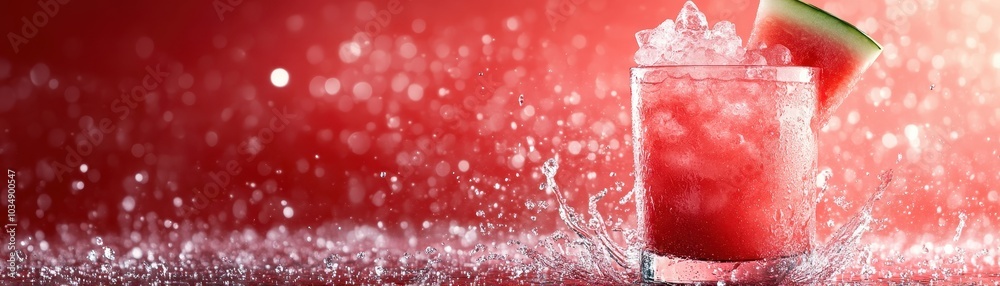 Refreshing Watermelon Cocktail Splash with Ice on Vibrant Red Background Capturing Summer Vibes and Freshness Refreshing Watermelon Cocktail Splash with Ice on Vibrant Red Background Capturing Summer Vibes and Freshness