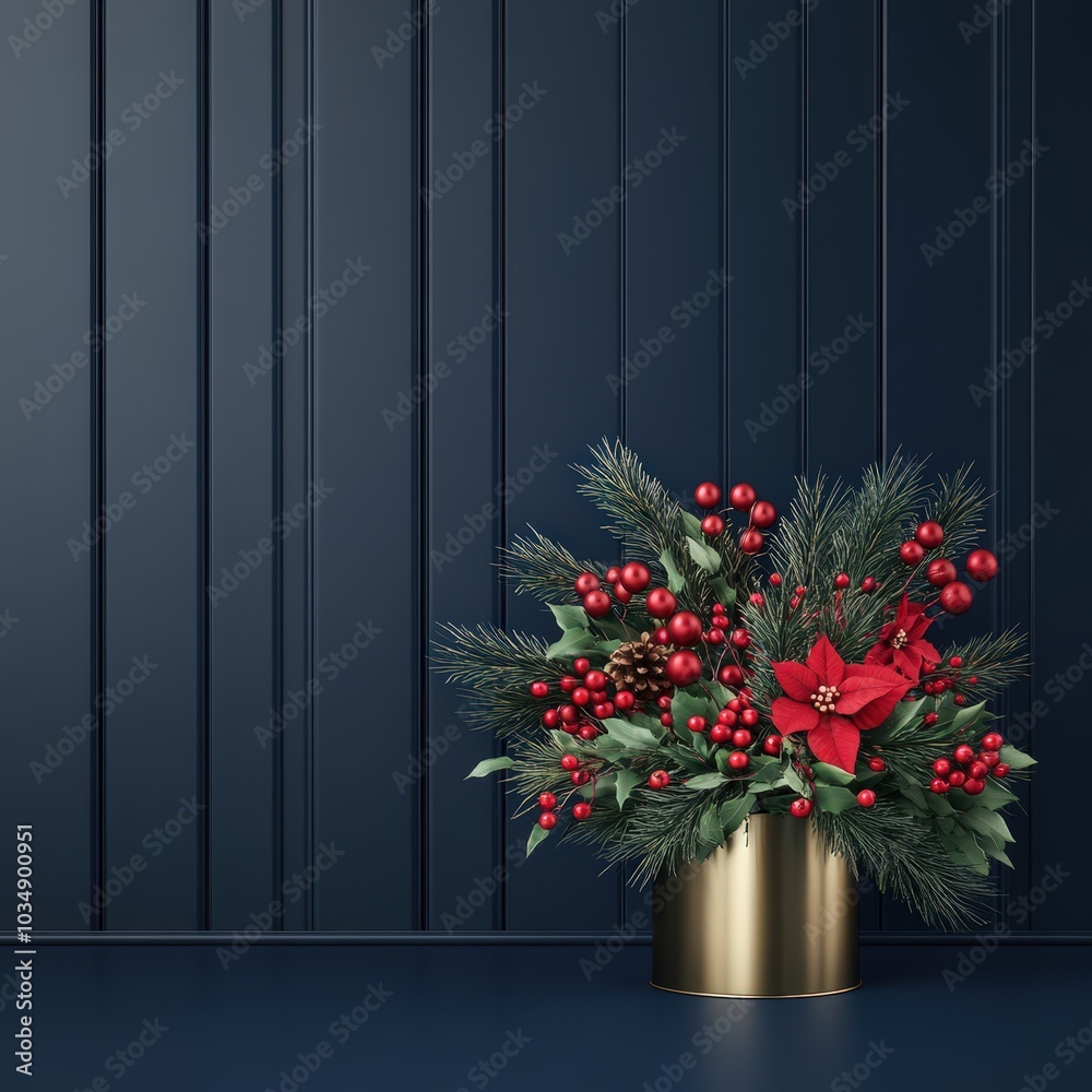 Fototapeta premium Christmas Centerpiece in Gold Pot Against Navy Blue Background.