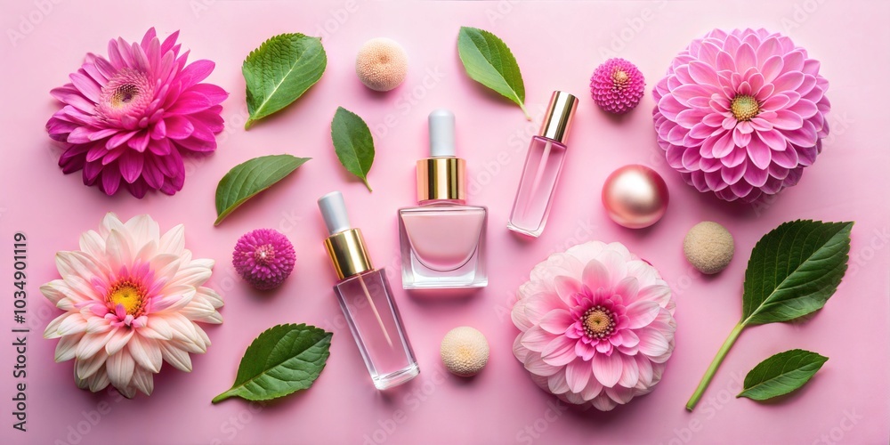 Pink flowers and beauty products flat lay on pastel background Pink flowers and beauty products flat lay on pastel background