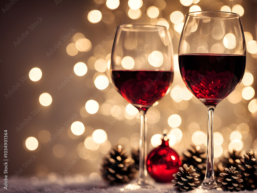 Crystal glasses of wine on the background of Christmas lights Crystal glasses of wine on the background of Christmas lights