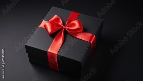 Elegant Black Gift Box with Red Ribbon. A sleek black gift box with a vibrant red satin ribbon bow, set against a dark background. Perfect for festive, luxury, or promotional designs