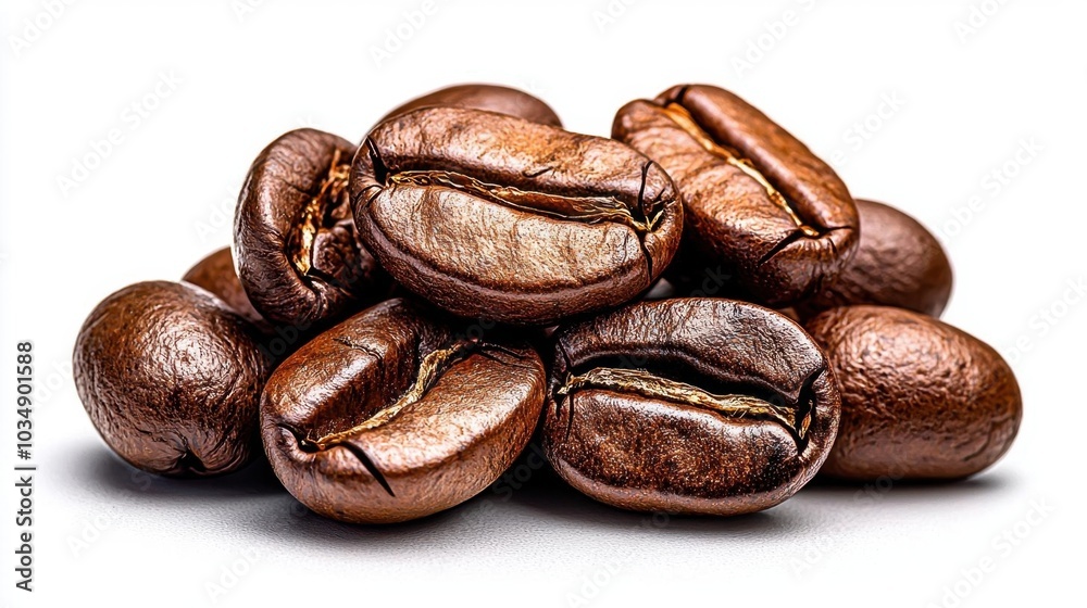Obraz premium A photostock images of roasted coffee beans in a pile, isolated on white background, High Quality