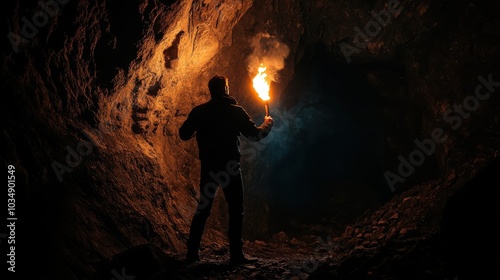 Man holding torch in glowing cave entrance

