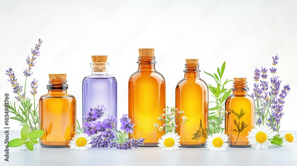 Detailed view of amber tincture bottles with fresh lavender and chamomile flowers scattered around, capturing a rustic herbal apothecary arrangement. Detailed view of amber tincture bottles with fresh lavender and chamomile flowers scattered around, capturing a rustic herbal apothecary arrangement.