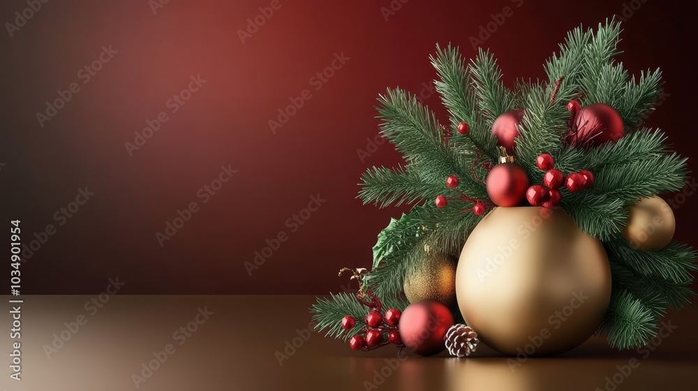 Christmas Ornament with Pine Branches and Red Berries on Red Background. Christmas Ornament with Pine Branches and Red Berries on Red Background.