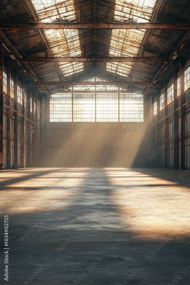 Sunlit Industrial Warehouse Interior with Large Windows and Concrete Floor Creating Dramatic Shadows and Warm Atmosphere Sunlit Industrial Warehouse Interior with Large Windows and Concrete Floor Creating Dramatic Shadows and Warm Atmosphere