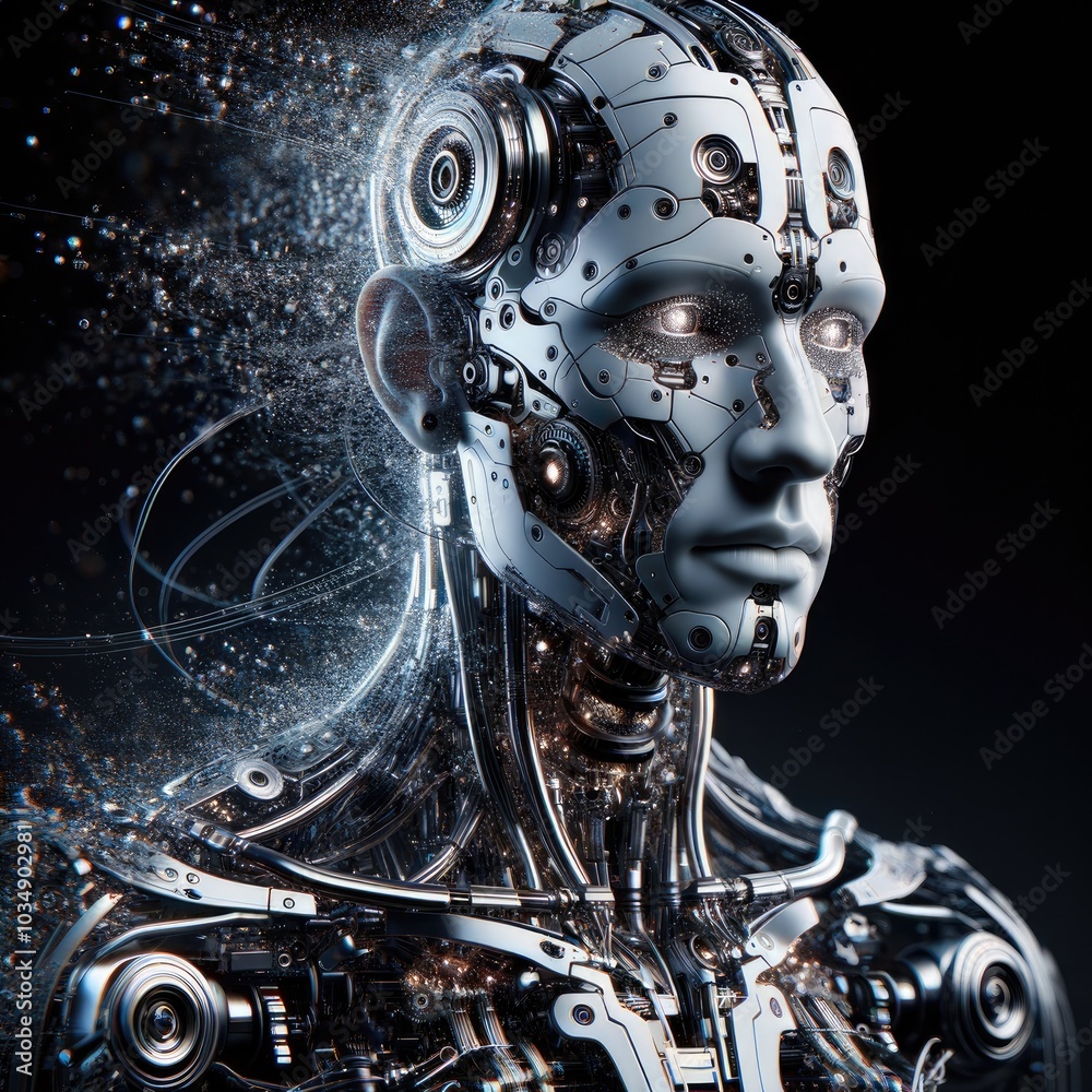 Futuristic Humanoid Cyborg: A Realistic Depiction of an Intricately Designed AI Being with Metallic Components, Digital Particles, and Advanced Technology Details Futuristic Humanoid Cyborg: A Realistic Depiction of an Intricately Designed AI Being with Metallic Components, Digital Particles, and Advanced Technology Details