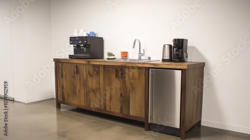 A sleek, modern kitchenette and coffee bar in a high-tech startup office, designed for functionality and convenience with minimalist style.
