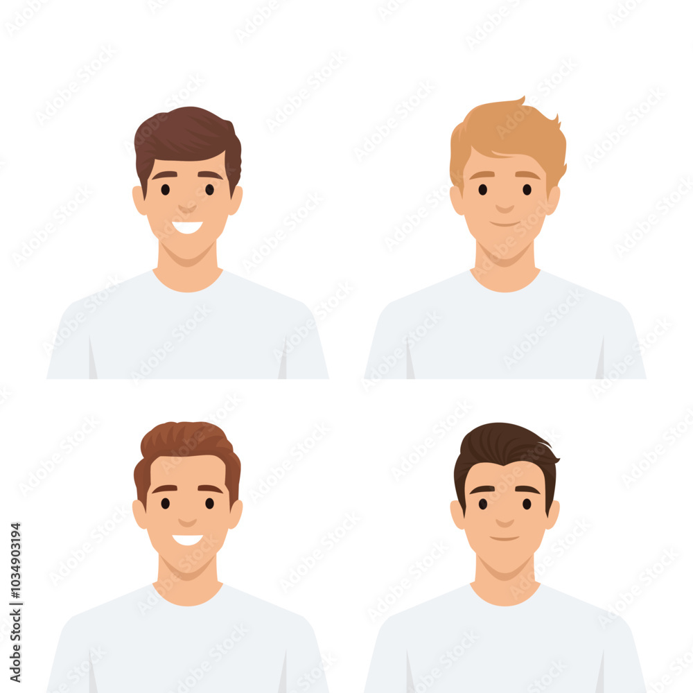 Avatar of young man with various hair styles. Flat vector illustration isolated on white background Avatar of young man with various hair styles. Flat vector illustration isolated on white background
