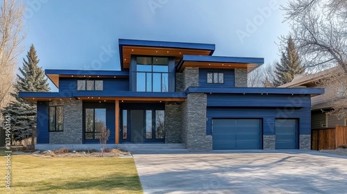 A striking new build home with dark blue siding and natural stone accents, offering a three-car garage and sleek architectural design.