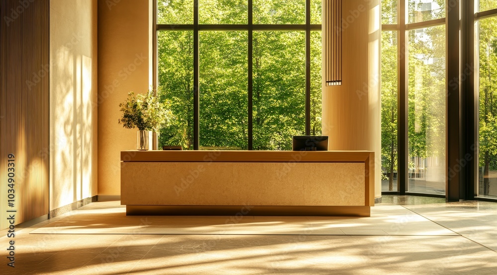 Modern reception desk with wooden floor and large windows with a view of green trees outside. Modern reception desk with wooden floor and large windows with a view of green trees outside.