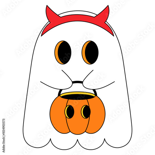 cute white ghost is wearing red devil headband and holding pumpkin bucket with eyes cartoon illustration