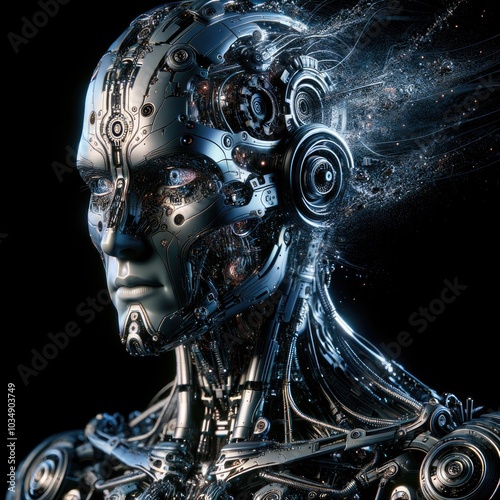 Futuristic Humanoid Cyborg: A Realistic Depiction of an Intricately Designed AI Being with Metallic Components, Digital Particles, and Advanced Technology Details