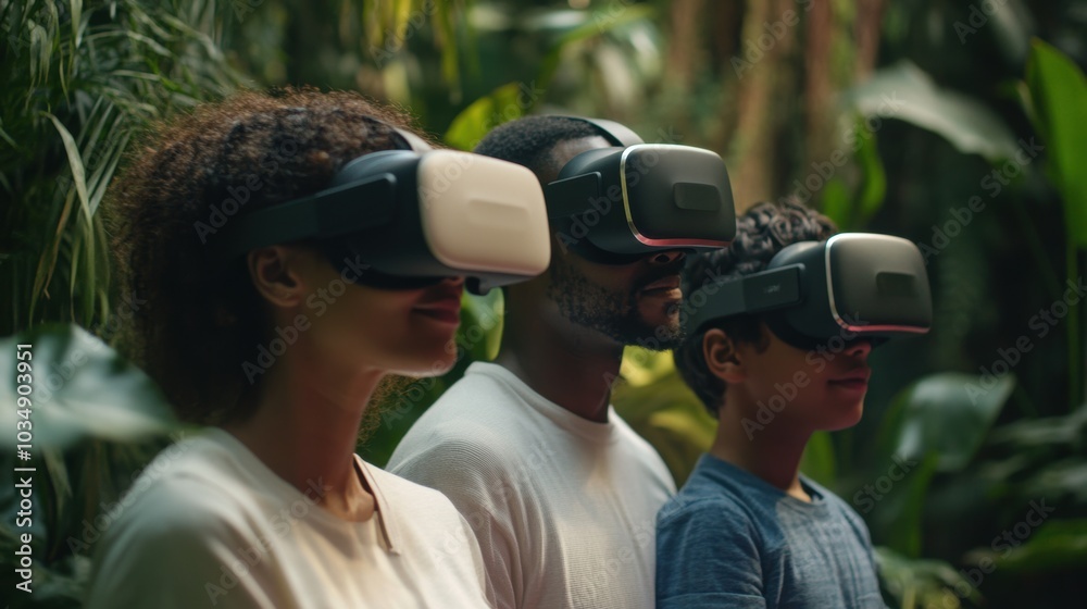 Virtual reality travel experience, users exploring digital recreations of real-world locations, fully immersive VR environments. Family exploring virtual jungle in virtual reality
Virtual reality travel experience, users exploring digital recreations of real-world locations, fully immersive VR environments. Family exploring virtual jungle in virtual reality