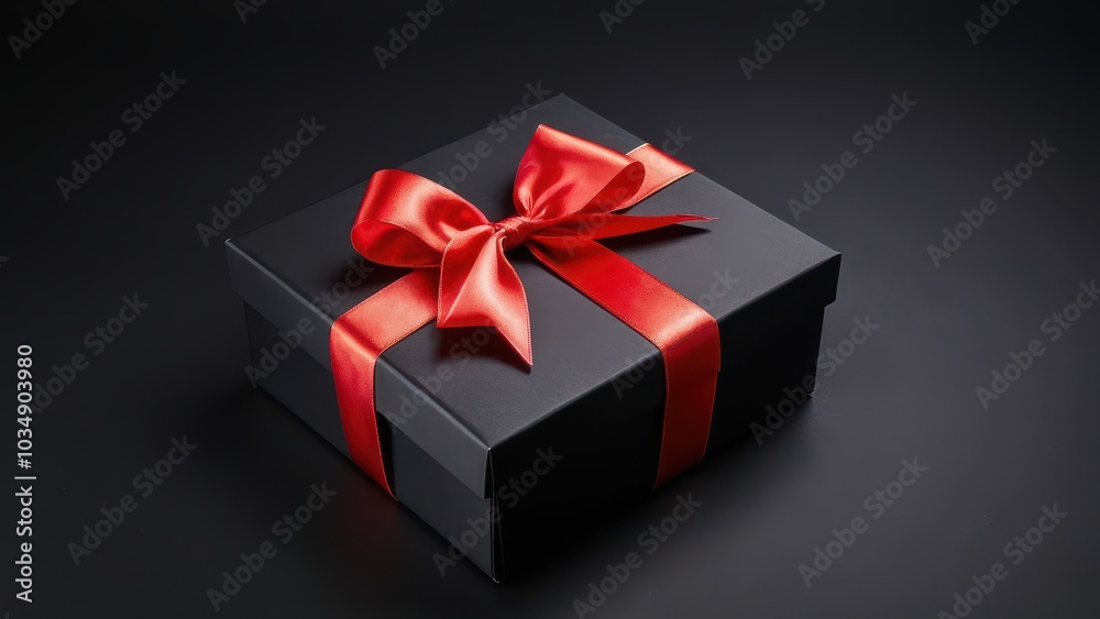 Elegant Black Gift Box with Red Ribbon. A sleek black gift box with a vibrant red satin ribbon bow, set against a dark background. Perfect for festive, luxury, or promotional designs Elegant Black Gift Box with Red Ribbon. A sleek black gift box with a vibrant red satin ribbon bow, set against a dark background. Perfect for festive, luxury, or promotional designs