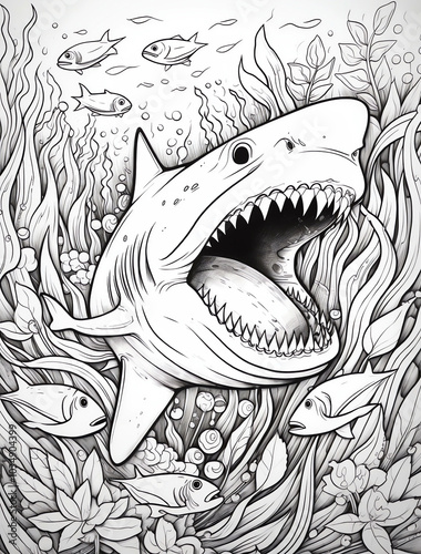  A coloring book page depicting an underwater scene with a shark surrounded by sea plants and small fish.