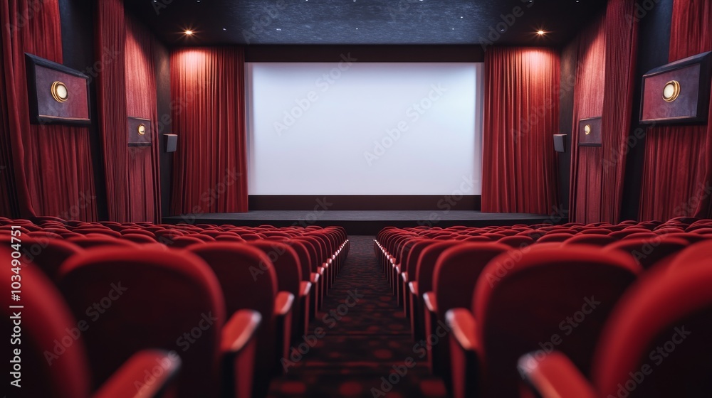 Empty movie theater with red seats and a large screen. (1) Empty movie theater with red seats and a large screen. (1)