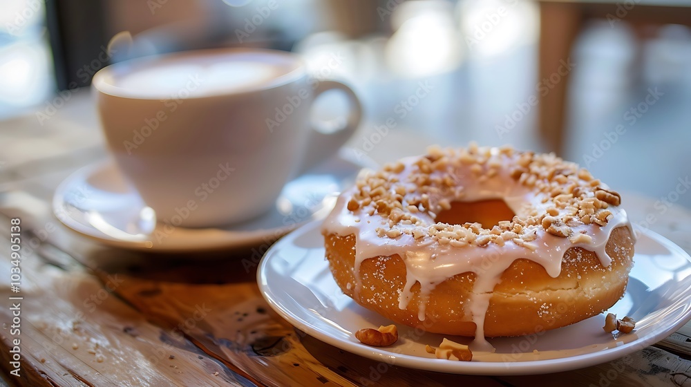 A freshly made walnut donut served with a java of pink coffee A freshly made walnut donut served with a java of pink coffee
