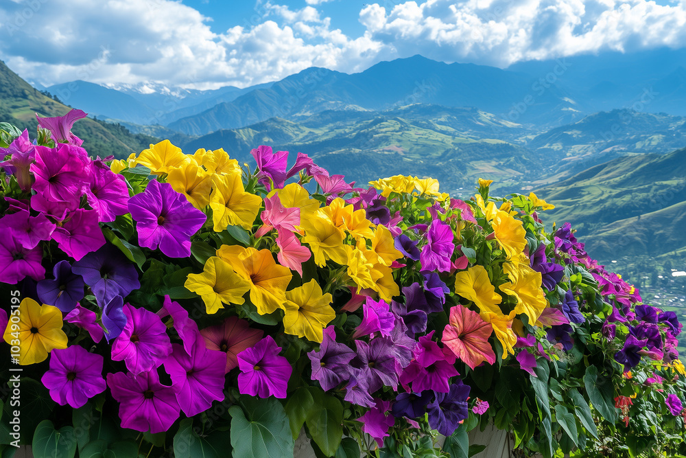 Obraz premium Colorful Petunia Blooms Against Mountains