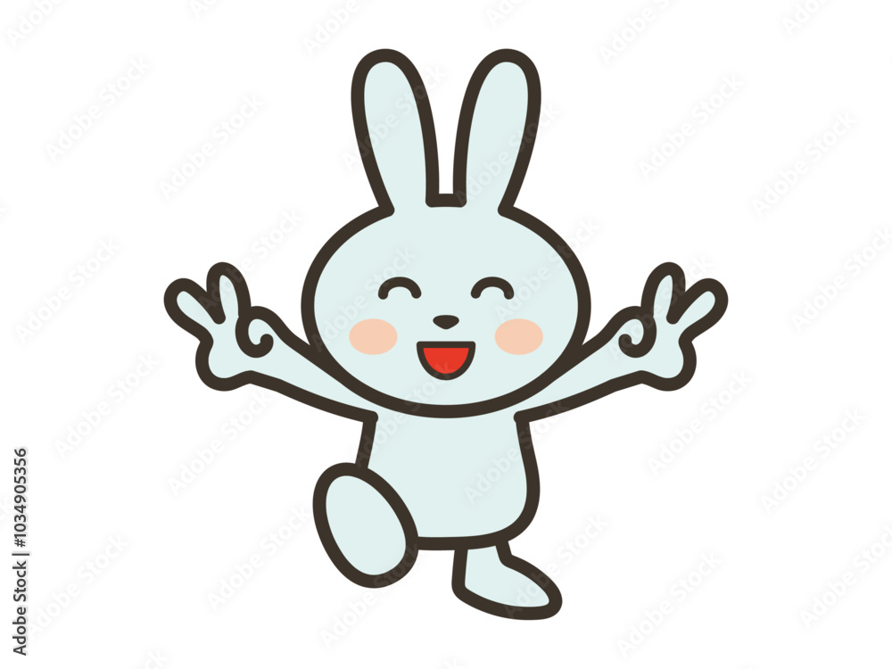 Obraz premium ダブルピースで大喜びのかわいいうさぎさんのイラスト