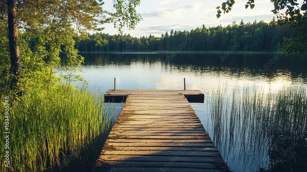 Serene Dock Overlooking Calm Lake at Sunset Serene Dock Overlooking Calm Lake at Sunset