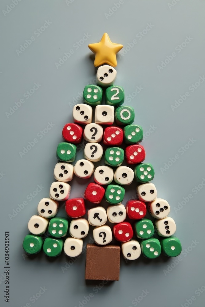 A creative Christmas tree constructed from game dice, set against a gray background. A creative Christmas tree constructed from game dice, set against a gray background.