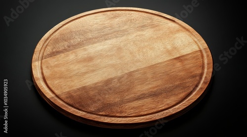 A round wooden cutting board, isolated on a black background.