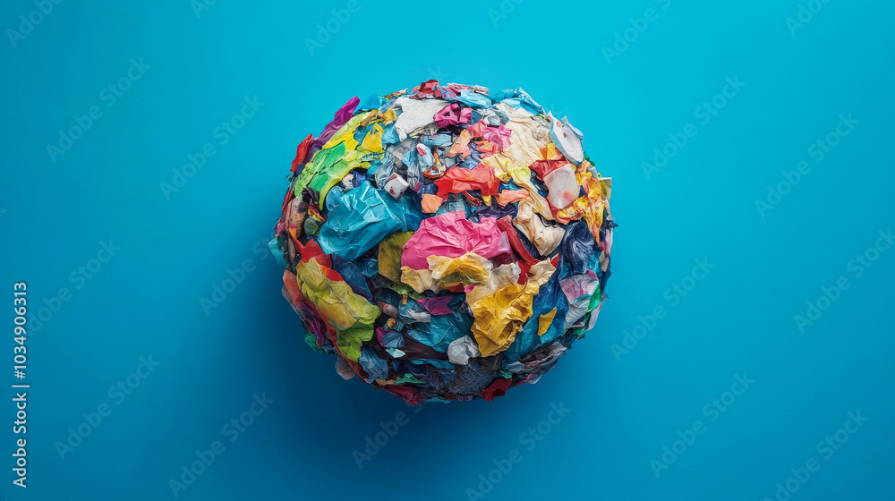 A colorful globe made of trash is set against a blue background. This modern design uses bright colors to highlight the problem of plastic pollution and its impact on our planet. A colorful globe made of trash is set against a blue background. This modern design uses bright colors to highlight the problem of plastic pollution and its impact on our planet.