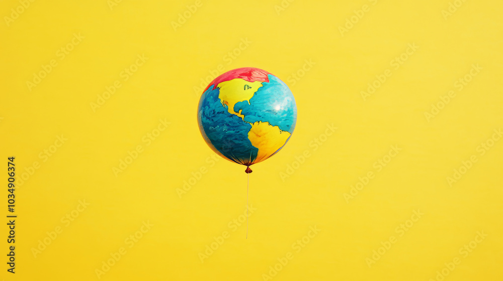 A colorful balloon, like a tiny planet, floats against a bright yellow sky. This modern design highlights the issues of global warming, pollution, and the need to protect our environment. A colorful balloon, like a tiny planet, floats against a bright yellow sky. This modern design highlights the issues of global warming, pollution, and the need to protect our environment.