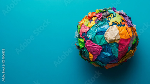 A colorful globe made of trash is set against a blue background. This modern design uses bright colors to highlight the problem of plastic pollution and its impact on our planet.