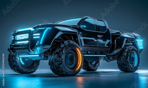 Black pickup truck with blue lights.