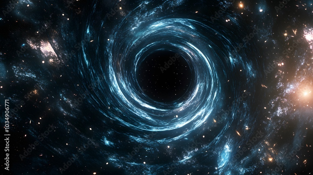 Abstract black hole system over star field with event horizon, gravity singularity in outer space. 