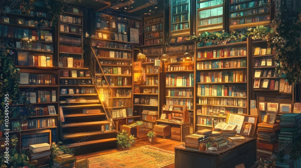 Bookstore filled with shelves of books, comfortable reading corners, and warm ambient lighting for a cozy, relaxed atmosphere Bookstore filled with shelves of books, comfortable reading corners, and warm ambient lighting for a cozy, relaxed atmosphere