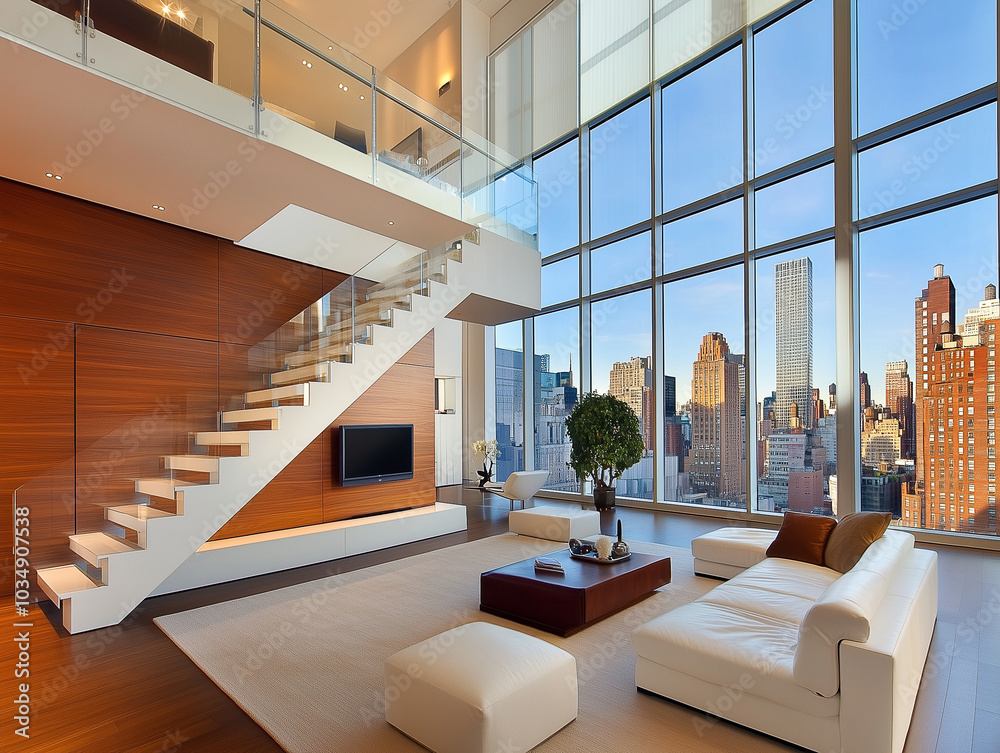 Fototapeta premium Moderne Maisonette, Loft, Küche, Schlafzimmer im Obergeschoss, Wohnzimmer mit schöner Aussicht auf die Stadt, weißes Sofa, Fernseher, Treppe