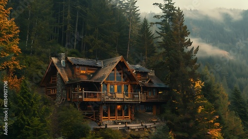 A gigantic hardwood cabin on a hillside