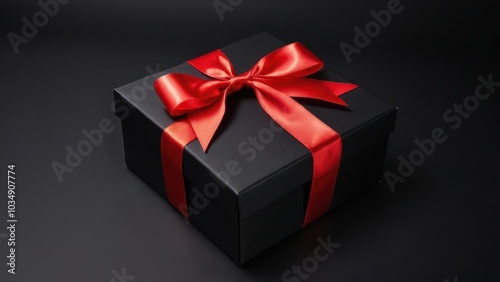 Minimalist Black Box with Red Ribbon. A stylish black gift box with a bright red ribbon on a dark background. Ideal for holiday, birthday, or luxury advertising materials