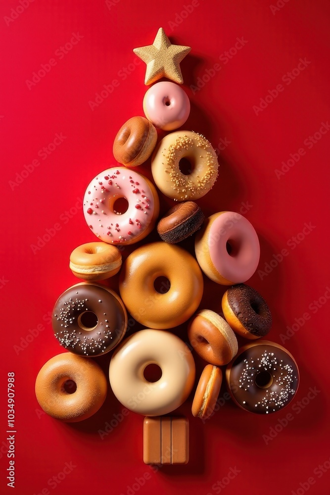 A Christmas tree made of donuts on a red background, showcasing sweet treats and festive spirit. A Christmas tree made of donuts on a red background, showcasing sweet treats and festive spirit.