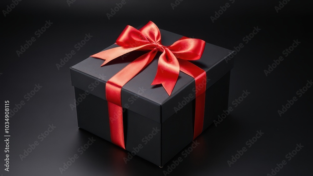 Elegant Black Gift Box with Red Ribbon. A sleek black gift box with a vibrant red satin ribbon bow, set against a dark background. Perfect for festive, luxury, or promotional designs Elegant Black Gift Box with Red Ribbon. A sleek black gift box with a vibrant red satin ribbon bow, set against a dark background. Perfect for festive, luxury, or promotional designs