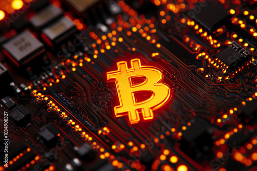 Glowing Bitcoin on Circuit Board