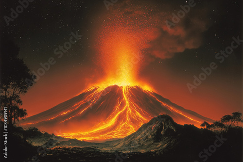 Majestic Eruption of a Volcano at Night