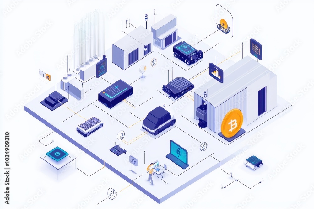 Illustrate a blockchain-enabled IoT ecosystem, devices communicate and execute commands autonomously via smart contracts, showcasing a secure, self-operating, and efficient technological environment
