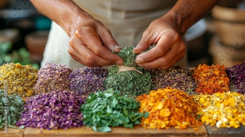 Hands expertly wrap vibrant dried herbs and flowers into neat bundles at a lively market, showcasing a colorful array of natural ingredients.
