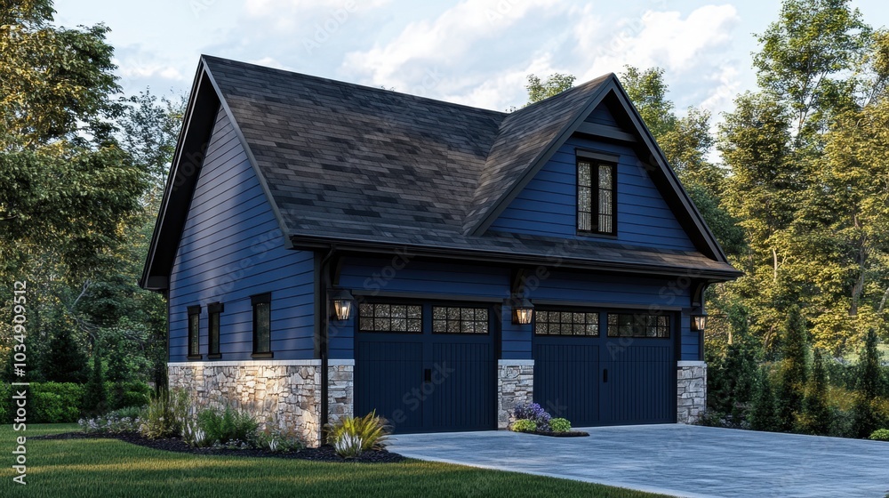 Contemporary two-car garage home with stylish blue siding and natural stone wall accents, showing modern charm Contemporary two-car garage home with stylish blue siding and natural stone wall accents, showing modern charm