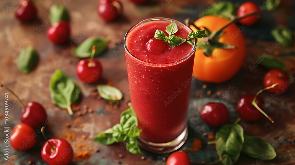 A glass of tomato smoothie with cherry fruit and basil stems is shown against a backdrop of current healthful juice A glass of tomato smoothie with cherry fruit and basil stems is shown against a backdrop of current healthful juice