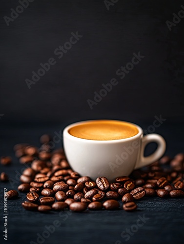 Freshly brewed coffee surrounded by roasted beans