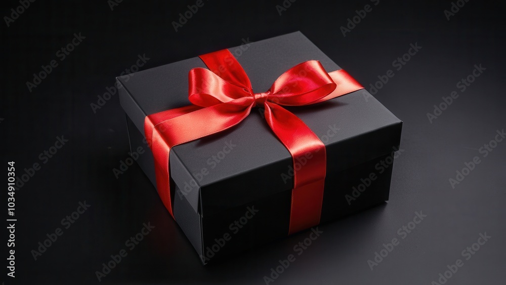Obraz premium Elegant Black Gift Box with Red Ribbon. A sleek black gift box with a vibrant red satin ribbon bow, set against a dark background. Perfect for festive, luxury, or promotional designs