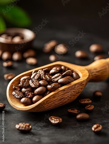 Close-up of coffee beans in a wooden scoop