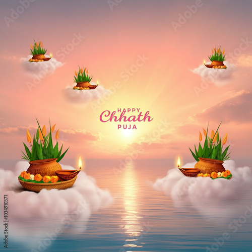 Artistic depiction of Chhath Puja with offerings and diyas floating on water, under a warm sky, celebrating the festival photo