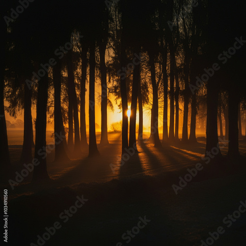 Golden sunset in a forest, ...