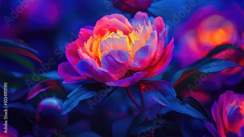 Neon lit peonies exhibit an otherworldly look with vibrant colors and glowing effects that evoke a surreal atmosphere